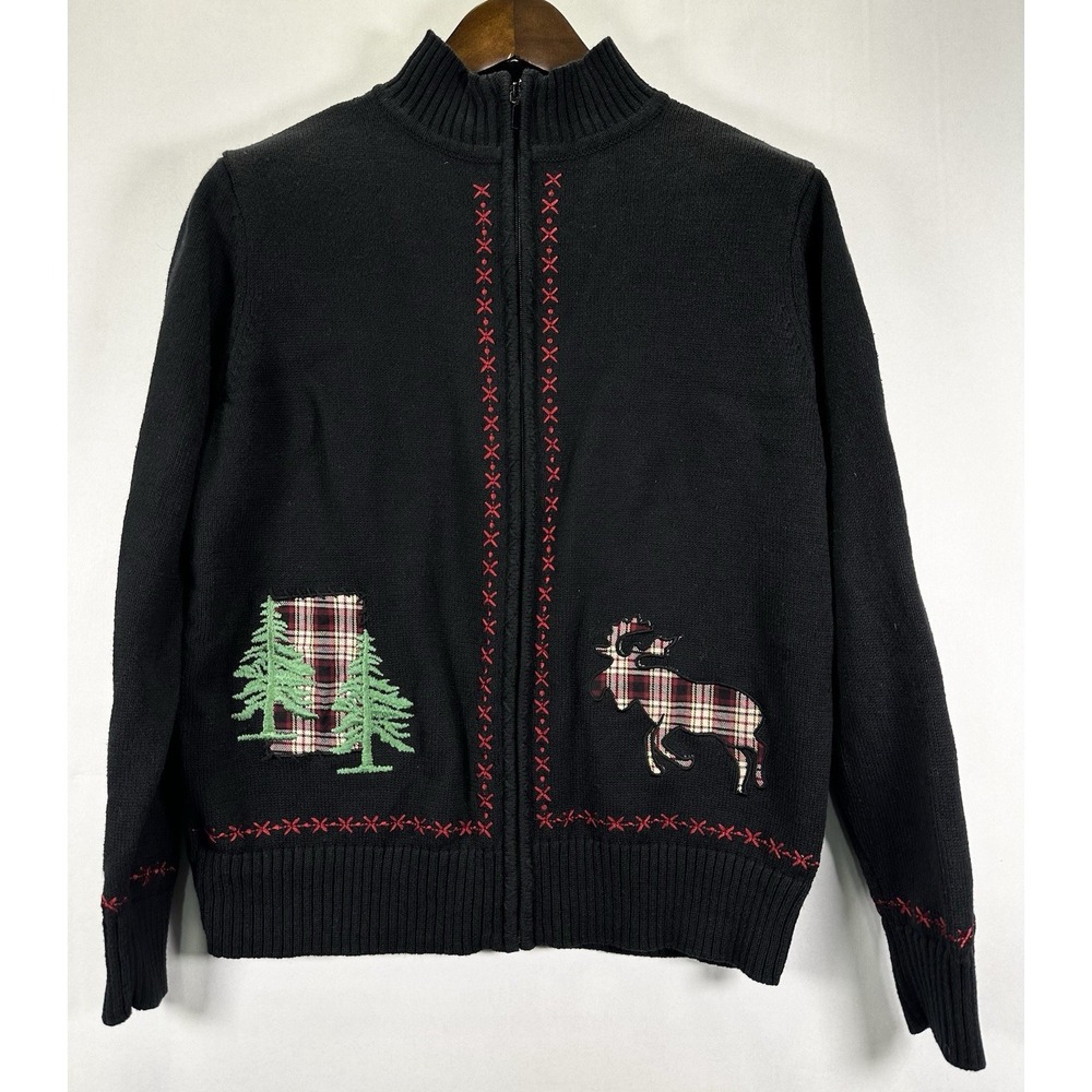 Bechamel Vintage Black Holiday Full Zip Cardigan Moose Xmas Tree Appliques LG